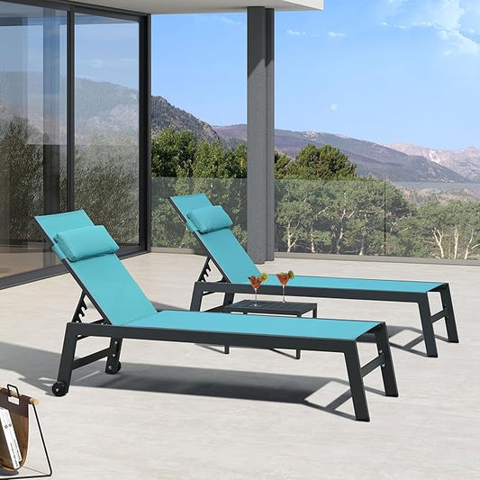 PURPLE LEAF Outdoor Lounge Chair Set of 3 Patio Chaise Pool Lounger Aluminum Frame with Side Table and Wheels for Outside Sunbathing Tanning Recliner Including Pillows Turquoise Blue