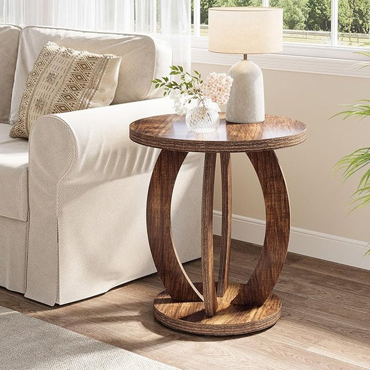 Tribesigns End Table, Round Side Table with Storage, Farmhouse Nightstand Bedside with Round Tabletop, Accent End Table for Living Room Bedroom Small Space, Wooden Accent Furniture (2, Dark Brown)