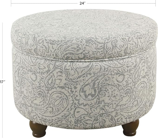 HomePop Home Decor | Upholstered Round Storage Ottoman | Ottoman with Storage for Living Room & Bedroom, Light Gray Floral Large