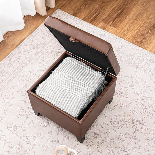 Asense 17 Inch Faux Leather Ottoman with Storage, Square Ottoman Footstool Upholstered Footrest for Couch Entryway Bedroom Living Room, Coffee