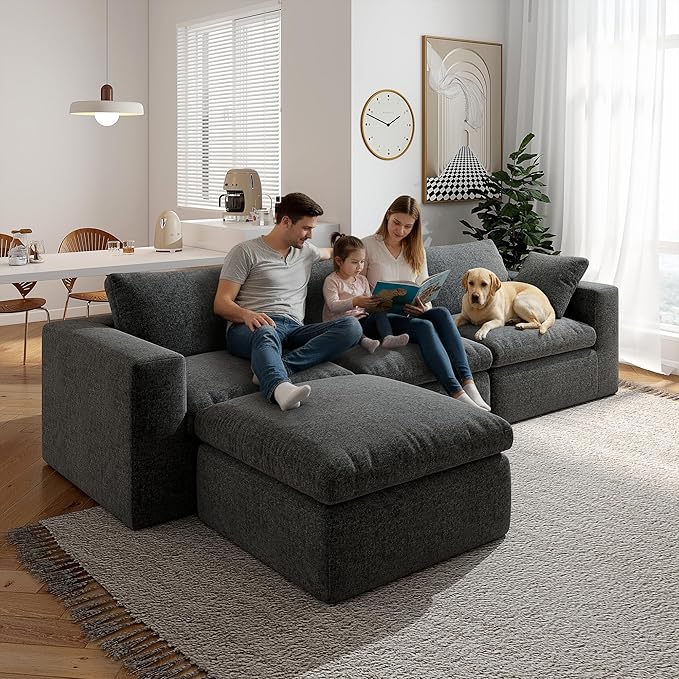 108.3" Cloud Sectional Couches for Living Room, L-Shape Couch with Ottoman, 3 Seater Modular Sectional Sofa with Deep Seats for Bedroom Office
