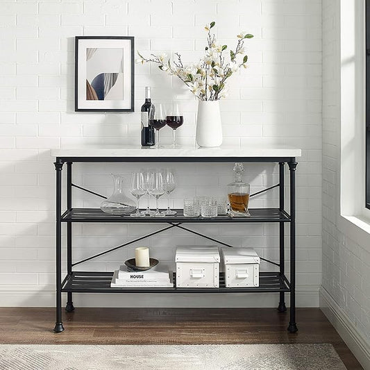 Crosley Furniture Madeleine Sofa Console Table with Storage Shelves for Hall, Entryway, or Living Room, Steel with Faux Marble Top