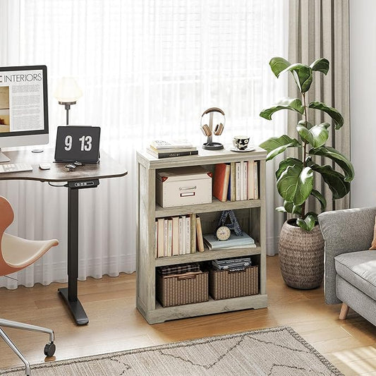 LINSY HOME 3-Tier Bookcase and Bookshelf, Small Wood Display Storage Shelves Farmhouse Bookshelf for Home Office, Living Room, Bed Room - Washed Grey