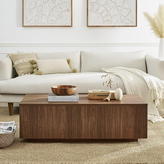 Henn&Hart 48" Rectangular Low-Profile Wood Coffee Table for Living Room, Family Room, or Office, Satin Walnut