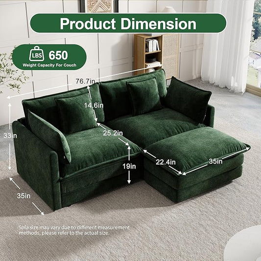 Modular Sectional Sofa, 76.7 Inch L-Shaped Cloud Sofa with Deep Seat Comfortable Chenille Sofa with Cushion Double Sectional Sofa for Living Room Apartment,Evergreen