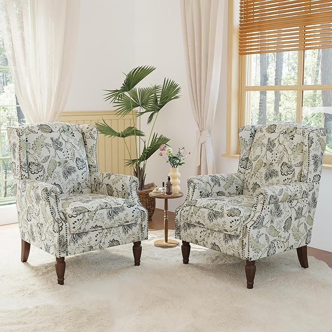 Lumibee Wingback Accent Chair,High Back Floral Armchairs in Fabric,Comfy Upholstered Reading Single Sofa Chair with Solid Wood Legs for Living Room,Bedroom,Office-Plants Beige
