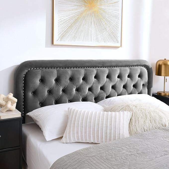 Tufted Upholstered Headboard,Button Solid Wood HeadBoards with Adjustable Height,Modern Performance Velvet Bed Head Boards,Easy Install&Nailhead (G headboard, Split King)