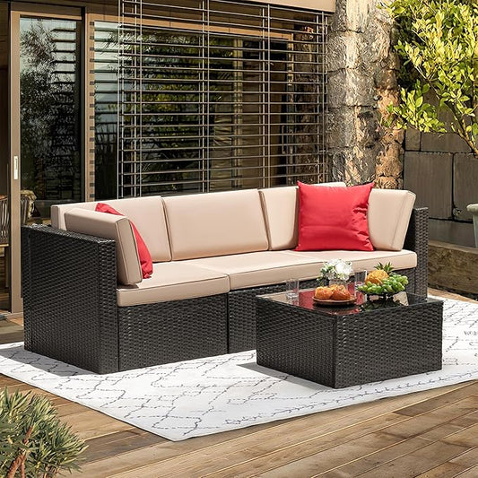 Devoko 4 Pieces Patio Furniture Sets All-Weather Outdoor Sectional Sofa Manual Weaving Wicker Rattan Patio Conversation Set with Cushion and Glass Table (Beige)
