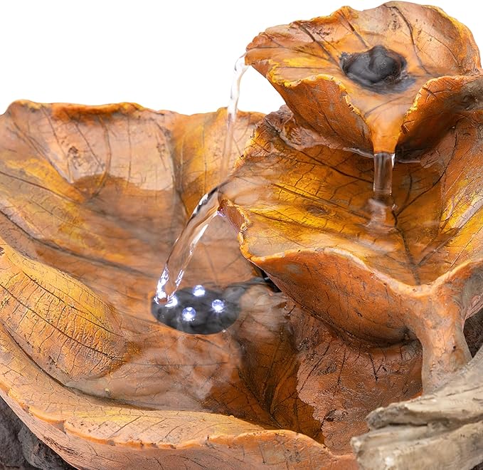Alpine Corporation 9" Tall Indoor Tabletop Tiered Leaf Hand-Painted Fountain with LED Lights