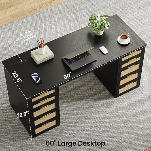 WOPITUES 60" Boho Home Office Desk with 10 Wooden Drawers, Rattan Computer Writing Desk with Power Outlets, Large Executive Desk with Storage Cabinet for Work Study Writing Craft, Black