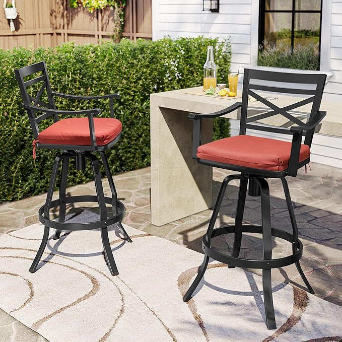Pellebant 30" Sunbrella Outdoor Bar Stools Set of 6, Aluminum Swivel Patio Bar Height Bar Stools with Back & Footrest, for Deck Lawn Garden(Red)