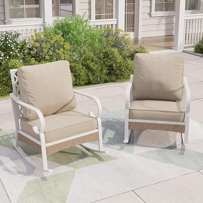 Outdoor Patio Rocking Sofa Chairs Set of 2 Steel Frame Porch Furniture with Deep Seating and 5.5" Cushions for Lawn Backyard Deck, Beige
