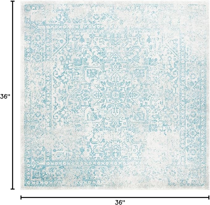 SAFAVIEH Evoke Collection Area Rug - 3' Square, Ivory & Aqua, Distressed Design, Non-Shedding & Easy to Clean, Ideal for Foyer, Bedroom, Accent Space (EVK256J)