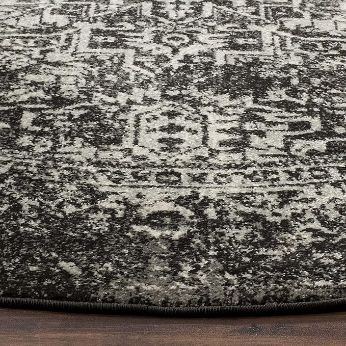 SAFAVIEH Evoke Collection Area Rug - 6'7" Round, Black & Grey, Distressed Design, Non-Shedding & Easy to Clean, Ideal for Living Room, Bedroom, Dining Space (EVK256R)