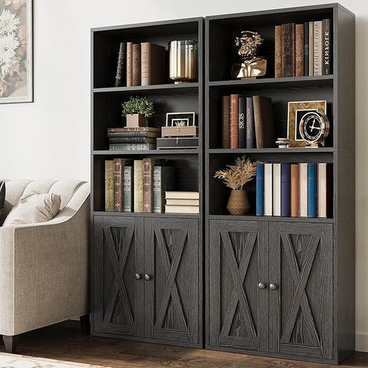 IRONCK Industrial Bookshelves and Bookcases with Doors 11.8 in Depth Set of 2 Floor Standing 5 Shelf Display Storage Shelves Bookcase Home Decor Furniture for Home, Office, Living Room, Bedroom