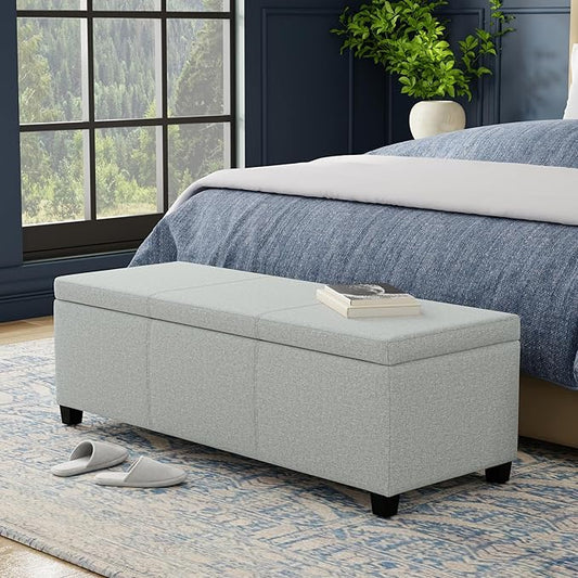 SIMPLIHOME Avalon Storage Ottoman Bench - 48 inch Wide Upholstered Linen Look Fabric Rectangular Lift-Top Ottoman in Light Stone Grey, Transitional Storage Bench for Living Room with High-Density Foam