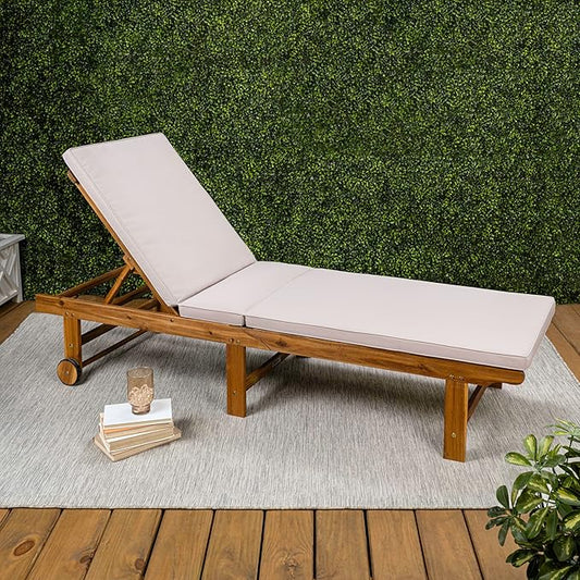 JONATHAN Y LNG1102A Mallorca 77.17"x23.62" Modern Classic Foldable Adjustable Wood Chaise Outdoor Lounge Chair with Cushion & Wheels, for Pool, Deck, Poolside, Beige/Natural