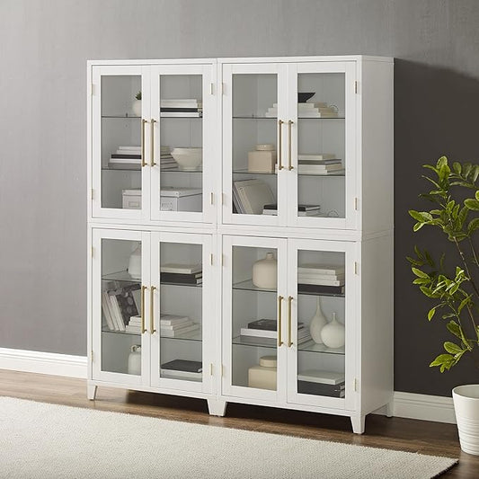 Crosley Furniture Roarke 2-Piece Glass Door Kitchen Pantry Storage Cabinet Set, Living Room, Entryway, White