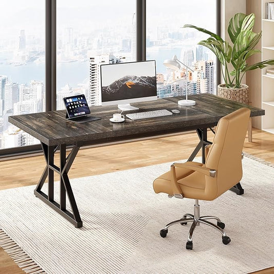 LITTLE TREE 70.8-Inch Large Executive Desk, Extra Long Computer Office Desk Workstation, Modern Simple Style Laptop Table, Sturdy Wooden Writing Workstation for Home Black Oak