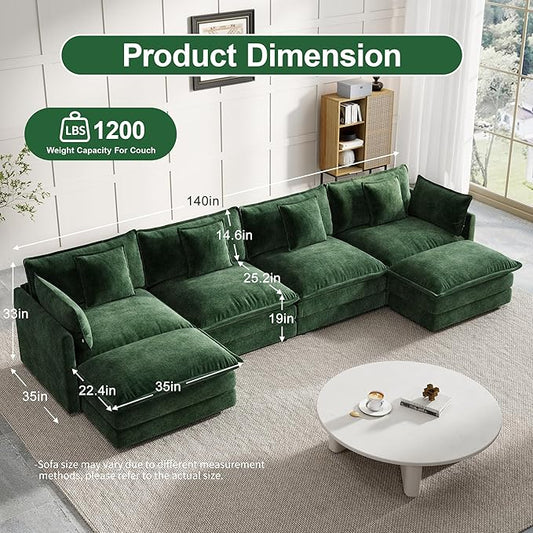 Modular Sectional Sofa, 146.5 Inch U-Shaped Cloud Sofa with Deep Seat Chenille Sofa with Cushions, Four Seater Sectional Sofa for Living Room Apartment,Evergreen