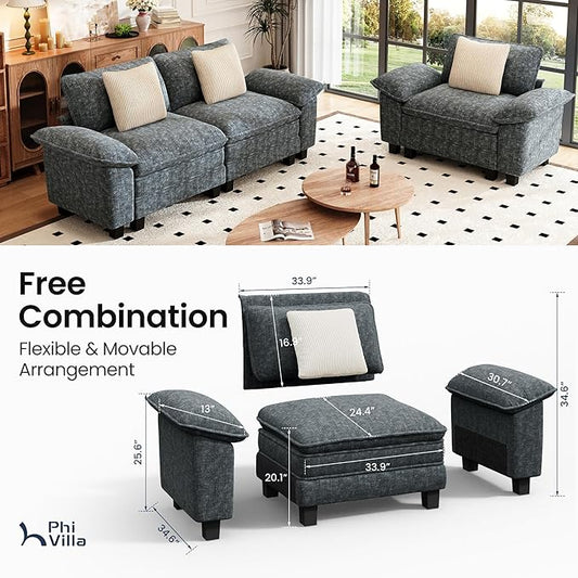 PHI VILLA Cloud Modular Couches Sets, 2 Pieces Sectional Sofa Set with Loveseat, 3-Seater Comfy Couch for Living Room Apartment, Chenille Fabric, Dark Cyan