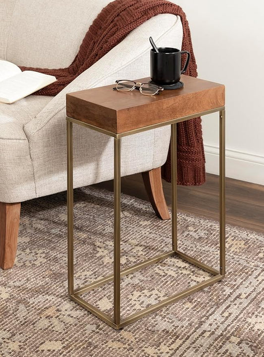 Kate and Laurel Karlsen Mid-Century Wood and Metal Narrow Side Table; 16 x 24 x 8; Walnut Brown and Brass; Slim Bedroom Nightstand with Mixed Materials Design