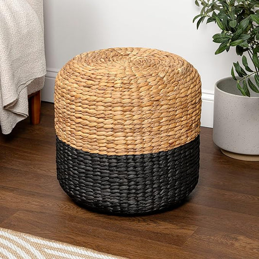 JONATHAN Y TBL2500A Aimee 15.7" Modern Minimalist Two-Tone Hand-Woven Hyacinth Ottoman for Living Room, Bedroom, Entryway, Foyer, Natural Seagrass Foot Stool, Handwoven Footrest, Natural/Black