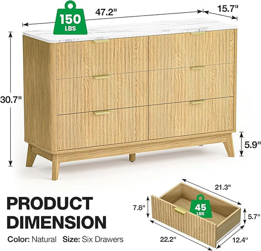 Fluted 6 Drawer Dresser, 47" Wide Chest of Drawers with Faux Marble Top, Modern Dresser TV Stand, Wood Closet Clothes Storage Organizer with Curved Edges for Bedroom, Living Room, Natural