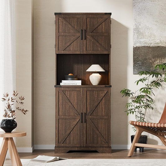 Cozy Castle 74" Farmhouse Pantry Cabinet with Charging Station, Tall Kitchen Storage Hutch Cabinet Coffee Bar Workstation, Sideboard Buffet Cupboard for Dining Room Living Room Furniture, Rustic Brown