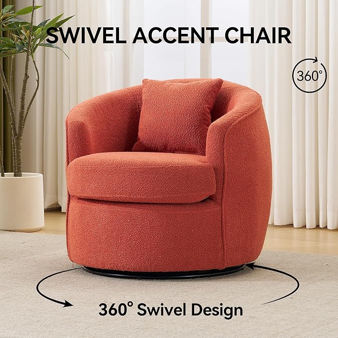 Swivel Accent Chair, Modern Upholstered Boucle Barrel Arm Chairs with Pillow for Living Room, 360 Degree Round Swivel Sherpa Armchair with Round Base for Bedroom Club (1, Orange)