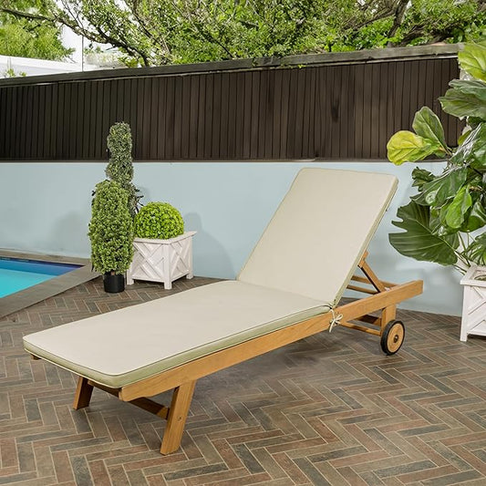 JONATHAN Y LNG1000E Mallorca 77.56"x23.62" Modern Classic Adjustable Acacia Wood Chaise Outdoor Lounge Chair with Cushion & Wheels Coastal, Bohemian, Minimalist, Traditional, Light Gray/Natural
