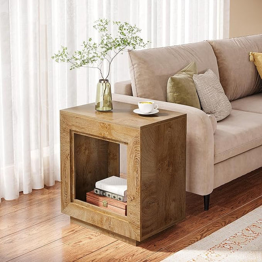 Tribesigns Rustic Wood End Table, 2 Tiered Square Side Table with Storage Shelf, Industrial Sofa Side Table for Living Room, Entrance (2, Natural)