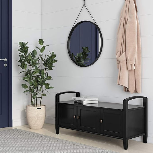 SIMPLIHOME Warm Shaker Entryway Storage Bench - 44 inch Wide Solid Wood Storage Seat in Black, Transitional Bench Seat for Mudroon or Living Room with Lift-Up Lid and Shaker-Style Panels