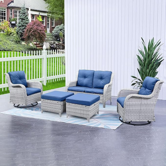 HUMMUH 5 Pieces Outdoor Furniture Patio Furniture Set Wicker Swivel Patio Chairs with 2 Seater Outdoor Sectional Sofa/Patio Loveseat with Ottomans(Light Grey/Blue)