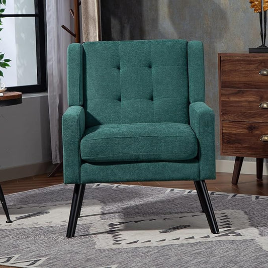 Mid-Century Modern Accent Chair, Plush Linen Fabric with Button Tufted High Back & 5" Thick Cushion, High Comfort Reading Chair for Living Room, Bedroom, Office (Green)