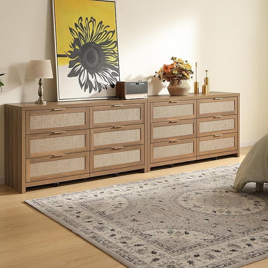 SICOTAS Rattan Dressers for Bedroom Set 2, Large 6 Drawer Dresser Long Chest of Drawers, Dresser Farmhouse TV Stand for Bedroom, Living Room, Nursery, Closet (Reclaimed Caramel Oak, 2 Pieces)
