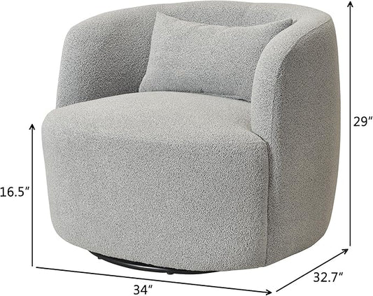 KINWELL 34" Wide Sherpa Swivel Barrel Chair, No Assembly Round Boucle Upholstered Accent Chair Armchair Single Sofa Chair with Toss Pillow for Living Room and Bedroom, Gray