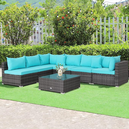 Tangkula 7 Pieces Patio Furniture Set, Patiojoy All-Weather Outdoor Rattan Sectional Sofa Set with Cushions and Tempered Glass Coffee Table, for Garden, Lawn, Backyard (Turquoise)