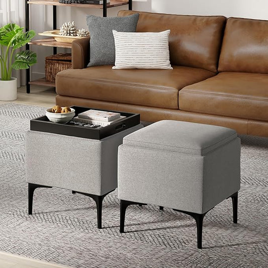 SIMPLIHOME Natasha 18 inch Wide Mid Century Square Mid Century Storage Ottoman with Tray in Cloud Grey Polyester Linen, Assembled, For the Living Room, Entryway and Family Room