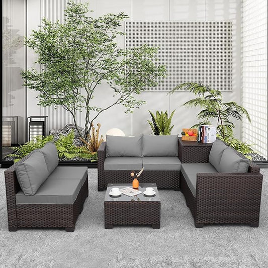 Valita Wicker Patio Furniture 6 Pieces Outdoor Sectional Sofa Patio Conversation Sets Patio Loveseat Outdoor Sofa with Patio Storage Box and Non-Slip Grey Cushions