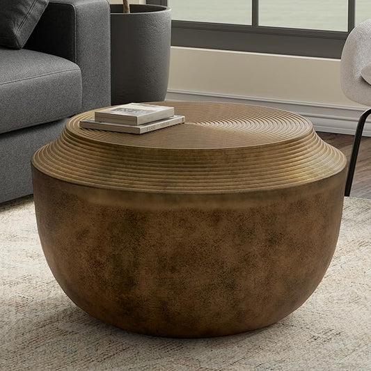 SIMPLIHOME Timmons Coffee Table - 21 inch Wide Cast Aluminum Round Living Room Table in Antique Brass, Industrial Center Table for Compact Spaces with Sculptural Base and Raised Tabletop, Assembled
