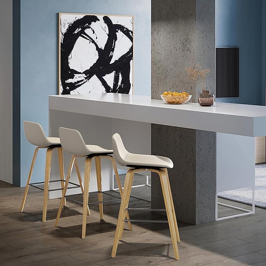 SIMPLIHOME Randolph Counter Stools (Set of 2) - 28 Inch Seat Height Upholstered Bentwood Kitchen Seats in Natural Polyester Linen Fabric, Mid Century Modern Seating with Curved Backrest and Footrest