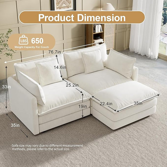 Modular Sectional Sofa, 76.7 Inch L-Shaped Cloud Sofa with Deep Seat Comfortable Chenille Sofa with Cushion Double Sectional Sofa for Living Room Apartment,White