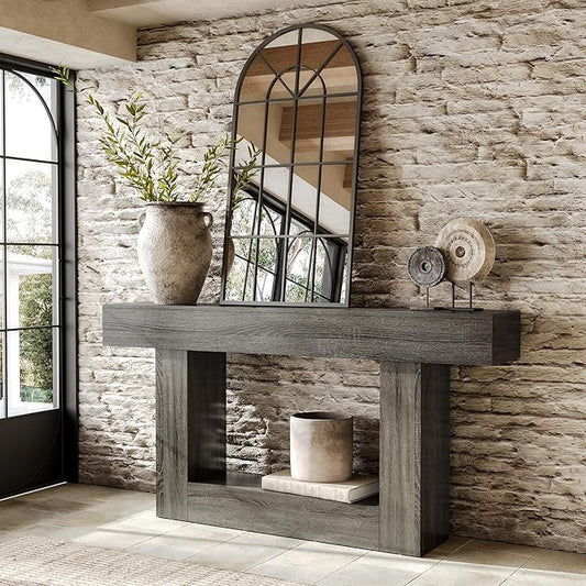 LITTLE TREE 63 Inches Long Console Table, 2-Tier Farmhouse Sofa Table Behind Couch, Large Narrow Entryway Table for Living Room, Wooden Hallway Foyer Table with Heavy Duty Base, Grey