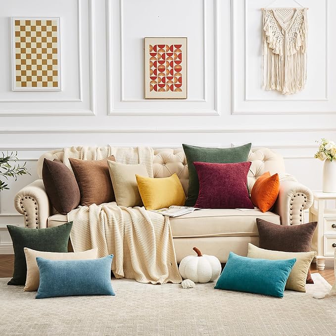 GAWAMAY Decorative Chenille Throw Pillow Covers 26x26 Inch Pack of 2, Soft Square Couch Pillow Cover for Sofa Cushion Living Room Bedroom Solid Dyed Oversized Pillowcases Brown 66x66cm (ONLY Covers)
