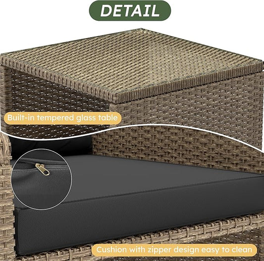 Balcony Furniture 5 Pieces Patio Set, Hand-Woven Rattan Patio Conversation Set with Soft Cushions & Coffee Table, Outdoor Chairs with Hidden Ottoman for Porch, Lawn, Garden, Balcony, Black