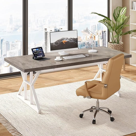 LITTLE TREE 70.8-Inch Large Executive Desk, Modern Computer Office Desk, Wooden Writing Desk Study Table for Home Office, Grey-White