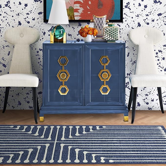 RUGGABLE x Jonathan Adler Machine Washable Modern Runner Rug – Inkdrop Lapis Blue 2.5x12, Stain-Resistant, Non-Slip – Washable Rug for Hallway, Entryway, Living Room & Kitchen–with Standard Pad