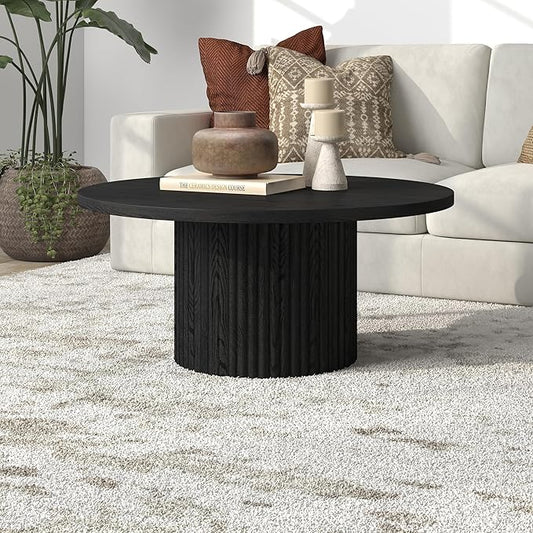 Henn&Hart 32" Fluted Round Wood Pedestal Low-Profile Coffee Table for Living Room, Family Room, Office, or Apartment, Black Grain