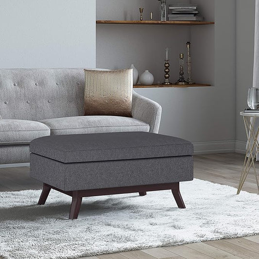 SIMPLIHOME Owen 34 inch Wide Mid Century Modern Rectangle Coffee Table Storage Ottoman in Slate Grey Linen Look Fabric, Assembled, For the Living Room, Entryway and Family Room